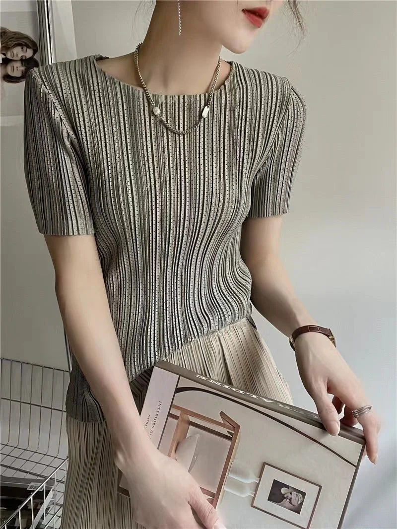 Woman Clothing  Top Women Miyake Pleated Short-sleeved Female Summer Thin Elastic Round Neck Joker Slim Pleated Hollow T-shirt — image 12
