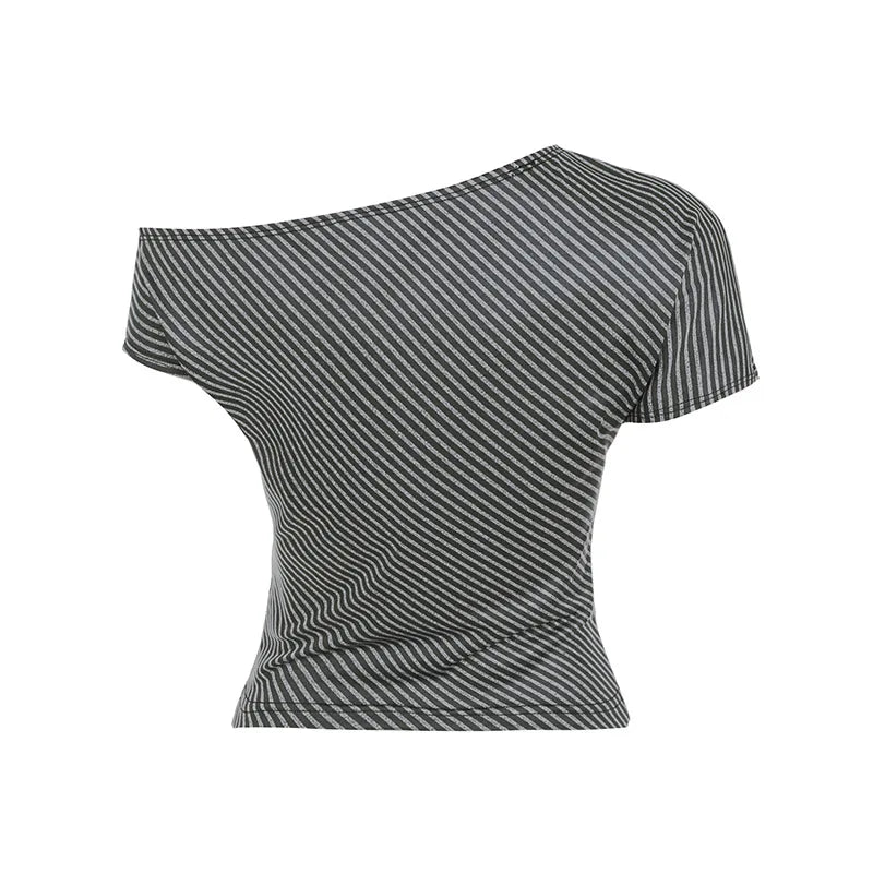 Striped T Shirts For Women Streetwear Inclined Collar Crop Top Y2k Accessories Short Sleeve Grunge Clothes Ropa Mujer Camisetas — image 8