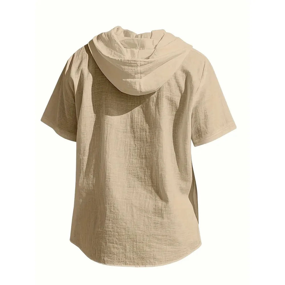 Cotton Linen Shirt for Men Hooded Short Sleeve Solid Color Breathable Lightweight Drawstring Design Shirts Casual Basic Tees — image 5