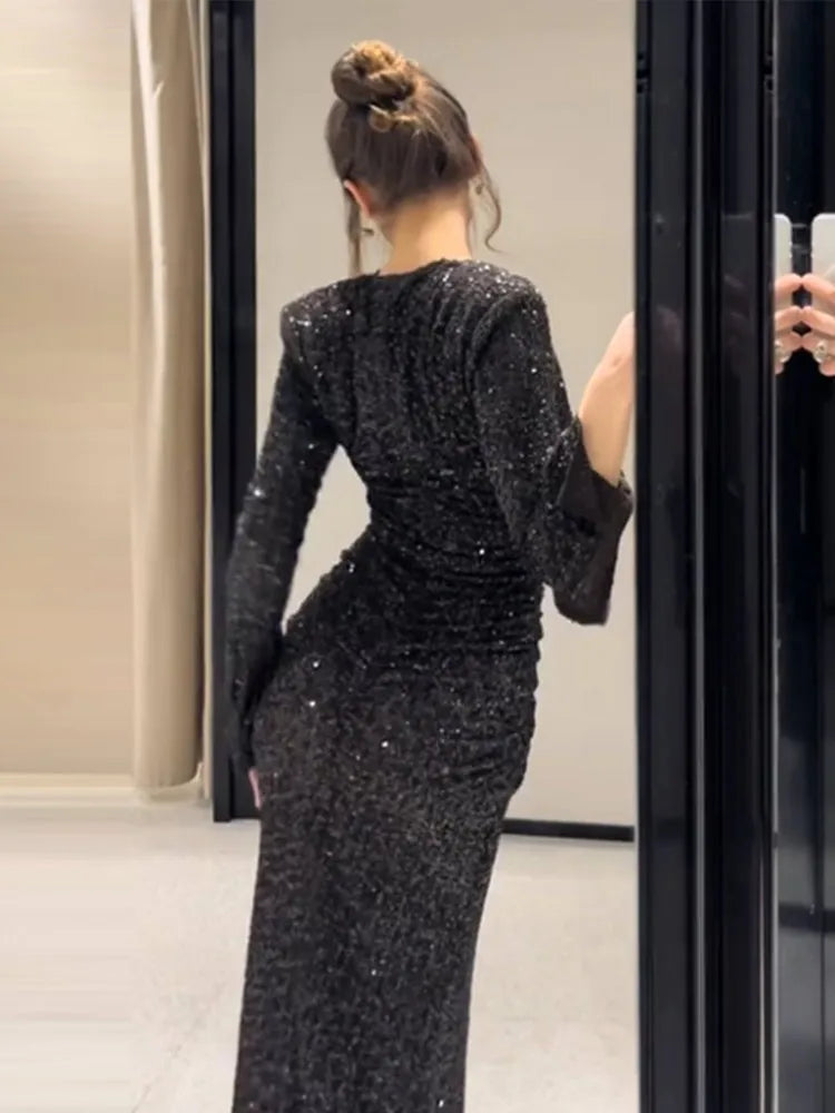 Women's Party Dress Sexy Deep V-neck Sequins Split Full Sleeve Hip Package Dressess Female 2025 Autumn Woman Evening Vestidos — image 4