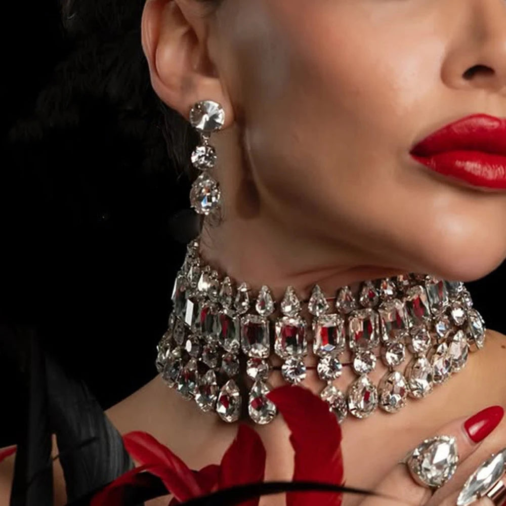 Fashion Trend Exaggerated Jewelry Set Dubai Wedding Accessories Drag Queen Geometric Rhinestone Necklace Earrings Sets for Women — image 3