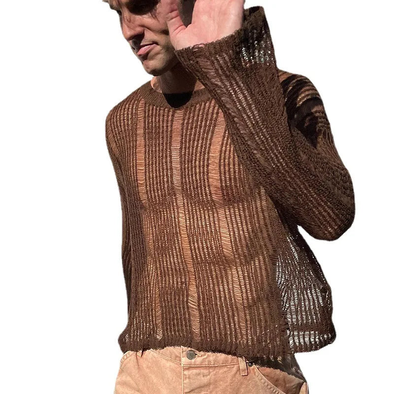 Mens T Shirts New Fashion Woven Solid Color Mesh Top Knit Slim Shirt Long Sleeve Sexy T-shirt Bottoming Streetwera Men — image 6