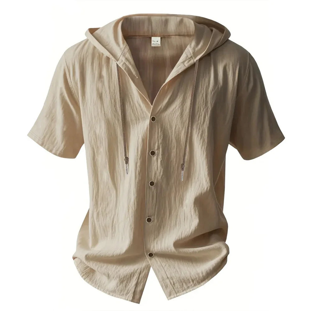 Cotton Linen Shirt for Men Hooded Short Sleeve Solid Color Breathable Lightweight Drawstring Design Shirts Casual Basic Tees — image 4