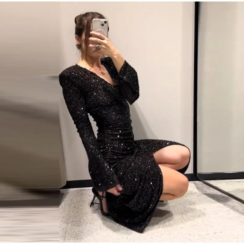 Women's Party Dress Sexy Deep V-neck Sequins Split Full Sleeve Hip Package Dressess Female 2025 Autumn Woman Evening Vestidos — image 13