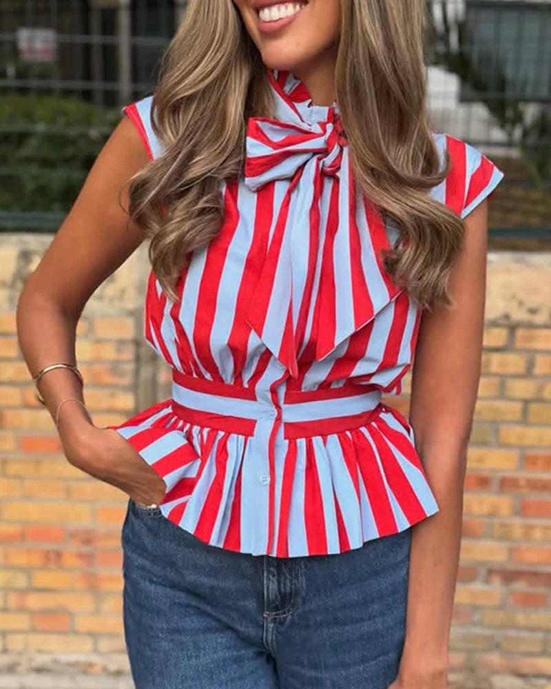 Women's Shirt 2026 New Summer Fitted Waist Bowknot Sleeveless Striped Shirt for Women Elegant Chic Personality Ladies Shirt — image 8