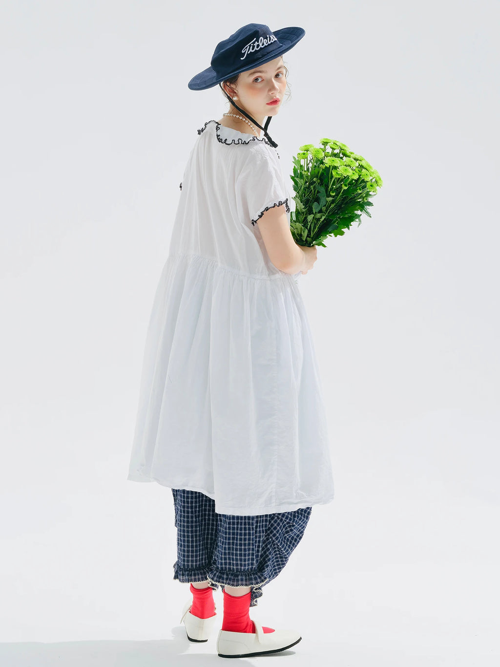 Female clothing women's dresses for woman White Peter‑Pan Collar  Ruffle Trim Loose‑Fit Flowy A‑Line Casual Midi Ladies Dress — image 2