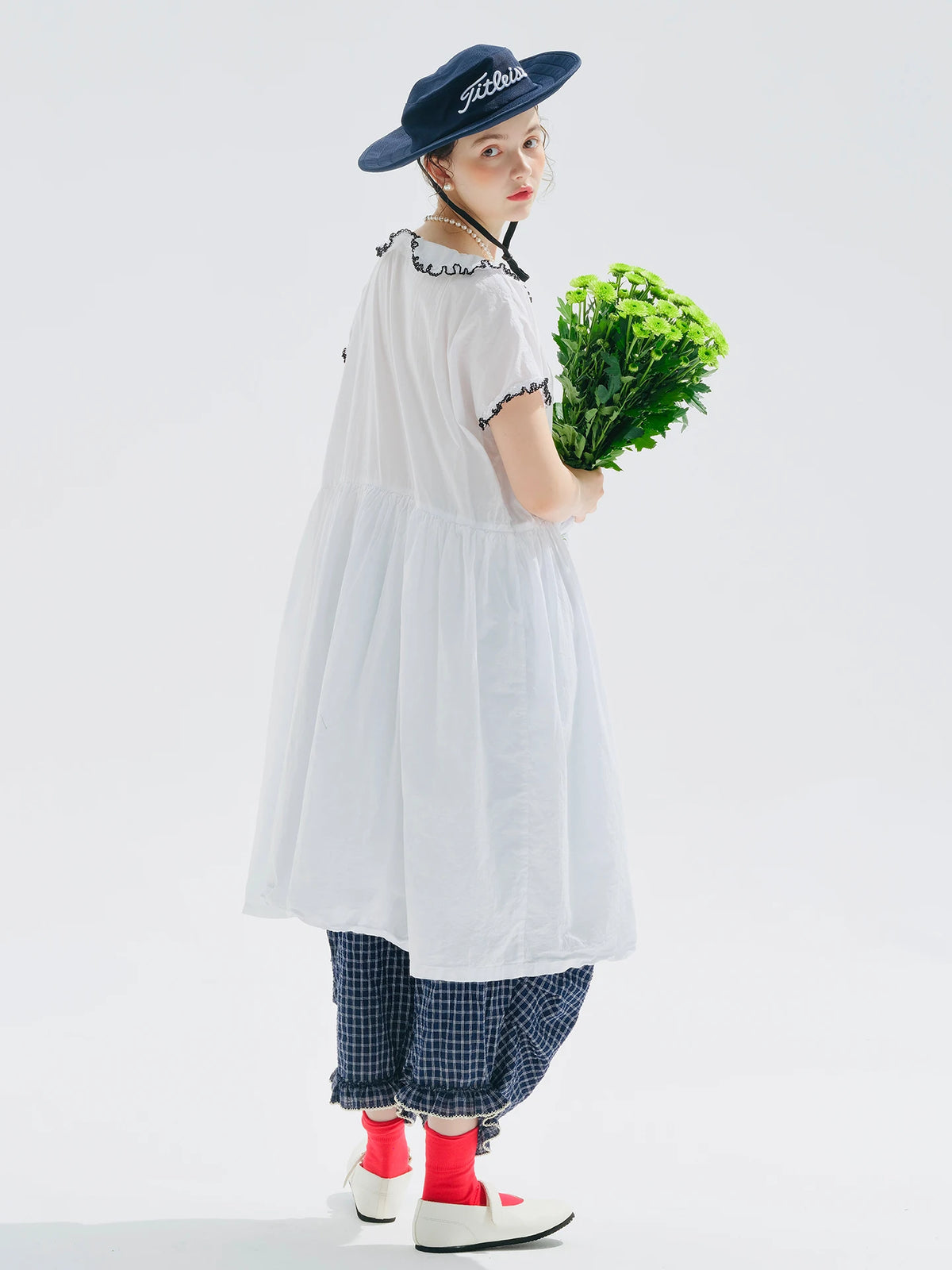 Female clothing women's dresses for woman White Peter‑Pan Collar  Ruffle Trim Loose‑Fit Flowy A‑Line Casual Midi Ladies Dress — image 2