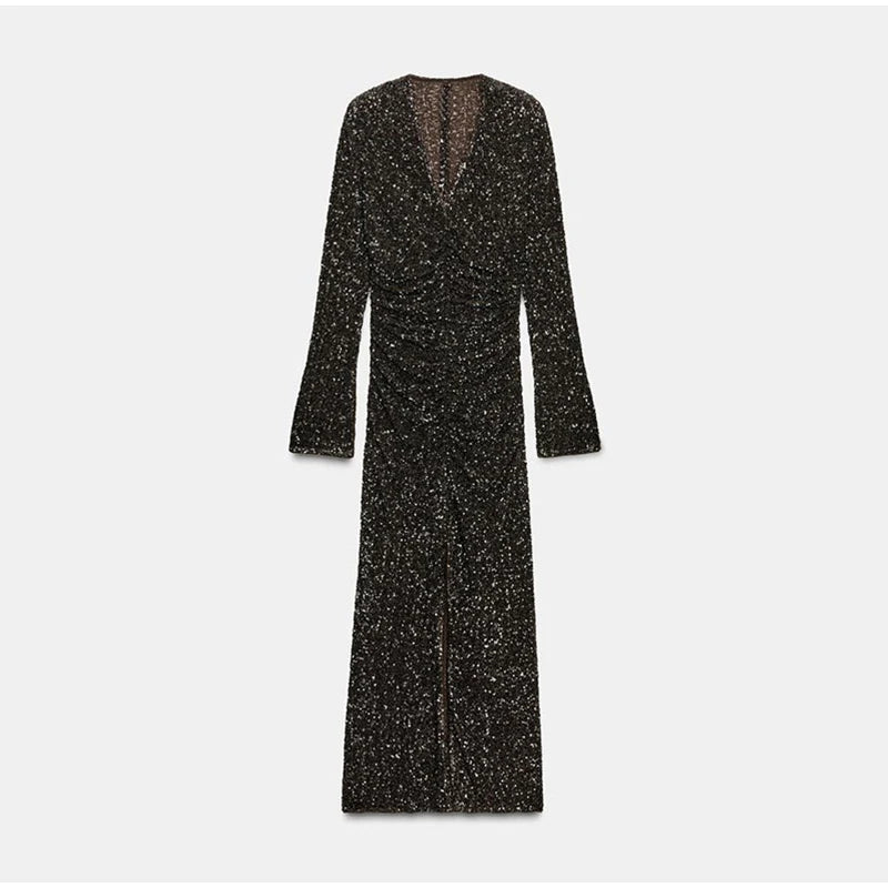 Women's Party Dress Sexy Deep V-neck Sequins Split Full Sleeve Hip Package Dressess Female 2025 Autumn Woman Evening Vestidos — image 8