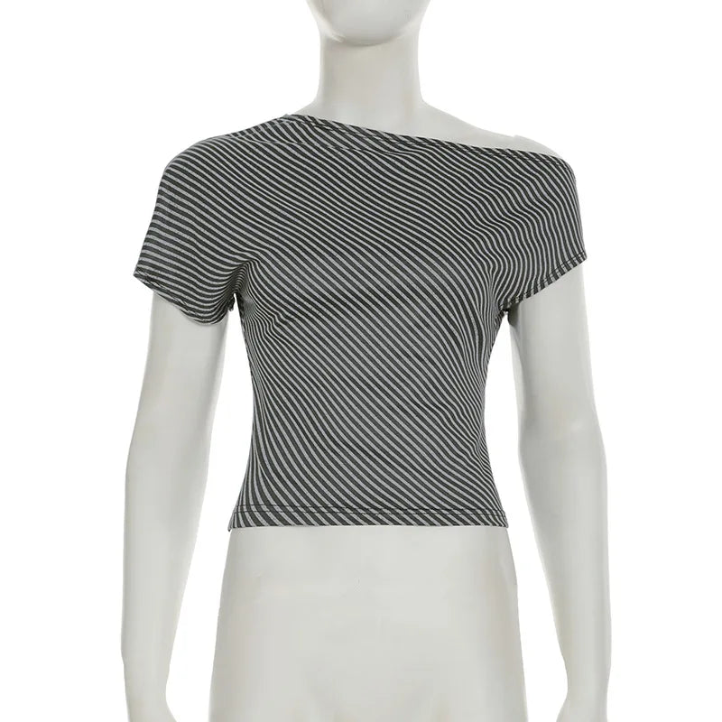 Striped T Shirts For Women Streetwear Inclined Collar Crop Top Y2k Accessories Short Sleeve Grunge Clothes Ropa Mujer Camisetas — image 14