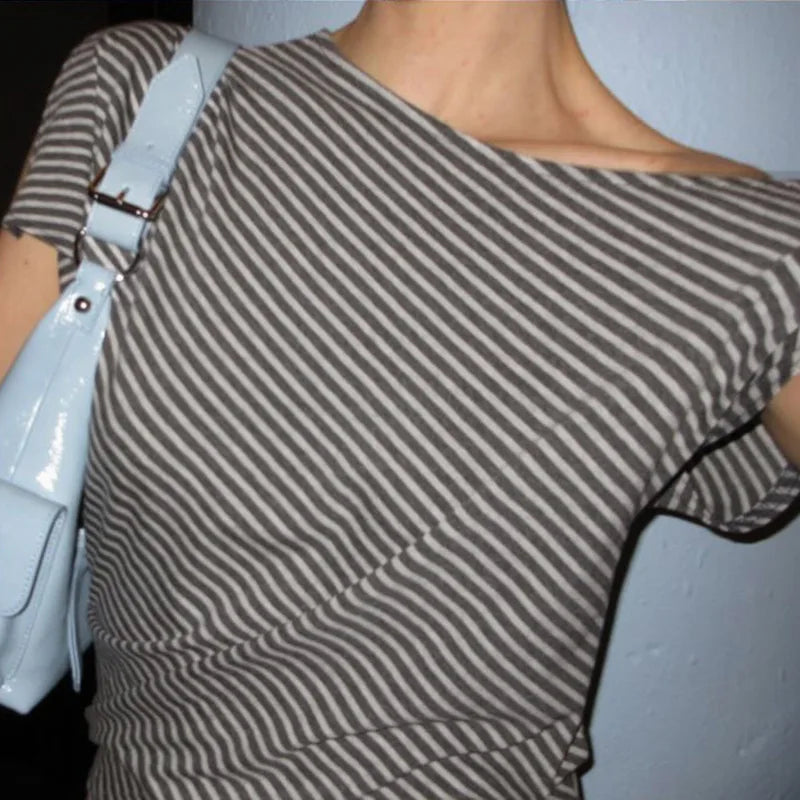 Striped T Shirts For Women Streetwear Inclined Collar Crop Top Y2k Accessories Short Sleeve Grunge Clothes Ropa Mujer Camisetas — image 11