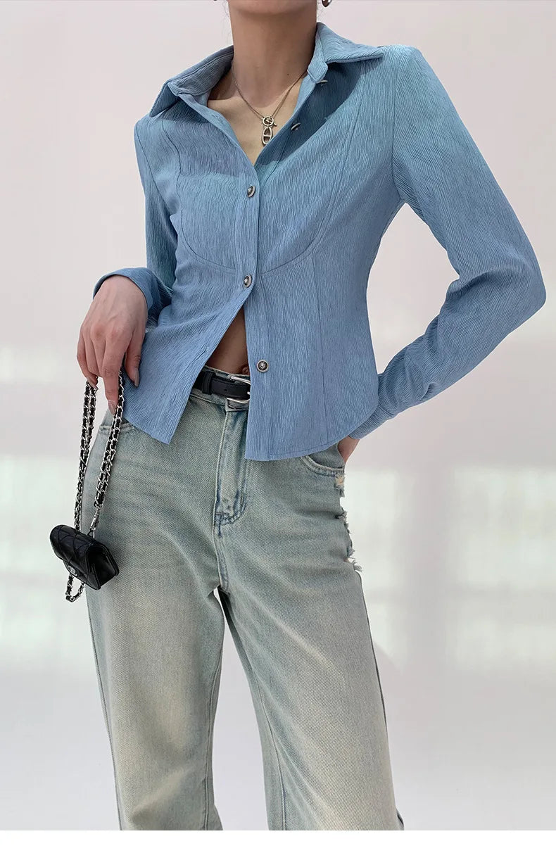 Women's clothing 2025 spring new style temperament lapel slim fit waist cinched long sleeved denim jacket shirt — image 5