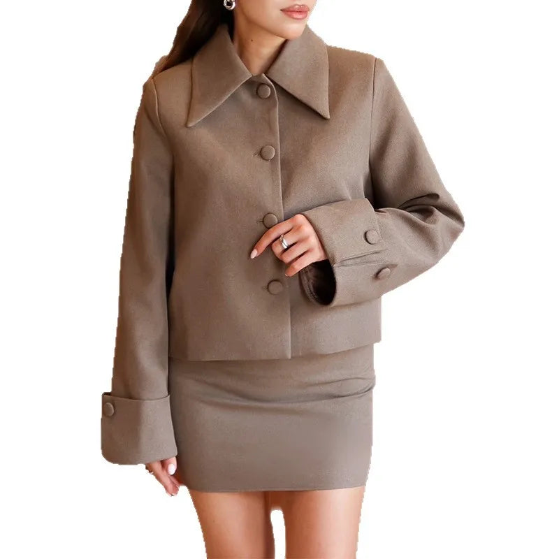 Women's Clothing 2025 Autumn and Winter New Style Fashionable Lapel Loose Short Style Long Sleeved Suit Half Skirt Set — image 5