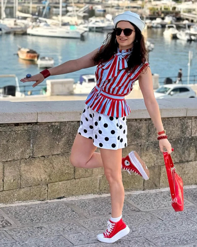 Women's Shirt 2026 New Summer Fitted Waist Bowknot Sleeveless Striped Shirt for Women Elegant Chic Personality Ladies Shirt — image 4