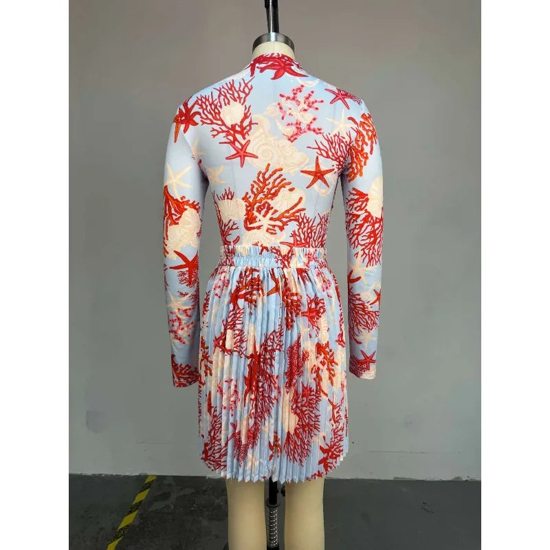 Women Clothing 2 Pieces Print Long Sleeve Shirt Top and Pleated Mini Skirt Luxury Fashion Wear Elegant Party Birthday Dress Set — image 6
