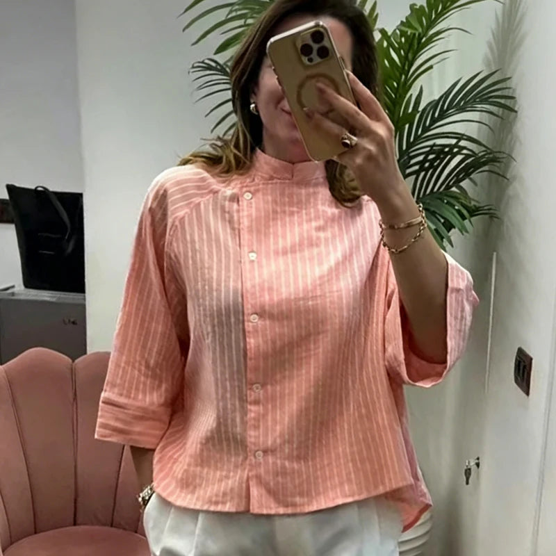 Women's Pink Striped Shirts Summer Asymmetric Button Mid Sleeve Loose Fit Shirts Casual Office Look Vintage Elegant Female Tops — image 2