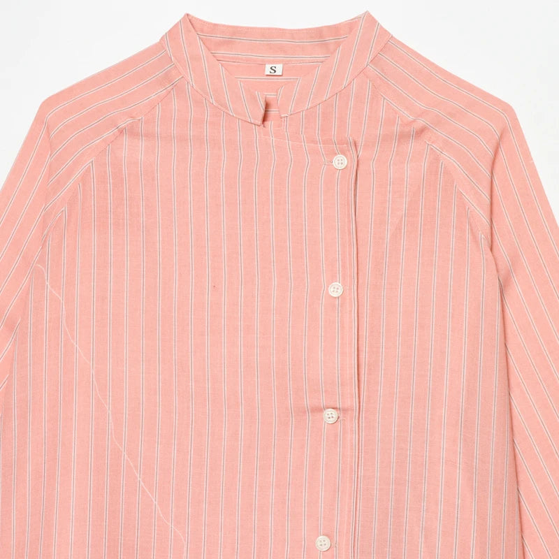 Women's Pink Striped Shirts Summer Asymmetric Button Mid Sleeve Loose Fit Shirts Casual Office Look Vintage Elegant Female Tops — image 15