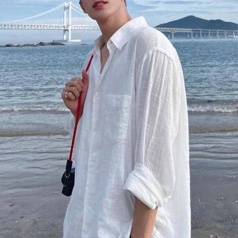 Men's Shirt Premium Thin White Loose Breathable Shirt Loose Long Sleeve Sun Protection Tees Lightweight Vacation Pockets Shirts — image 4