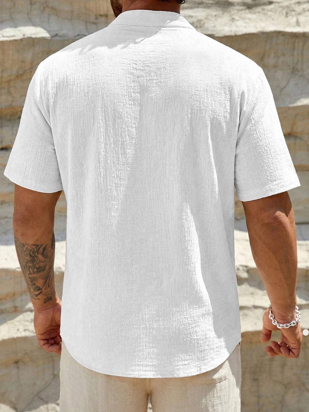 Men's Casual Shirt Linen Woven Elastic Small Collar Short Sleeve Soft and Comfortable Solid Color Simple Suitable for Outdoor SP — image 4
