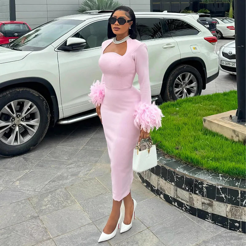 Women's Clothing 2024 Autumn New Item Sweet and Fresh Square Neck Long Sleeved Feather Decoration High Waist Slimming Dress — image 18