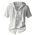 Cotton Linen Shirt for Men Hooded Short Sleeve Solid Color Breathable Lightweight Drawstring Design Shirts Casual Basic Tees — image 7