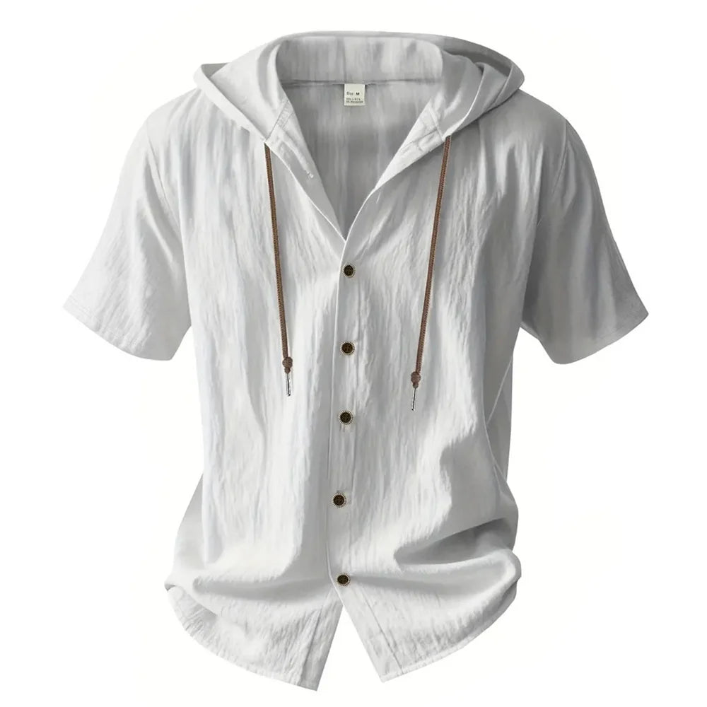 Cotton Linen Shirt for Men Hooded Short Sleeve Solid Color Breathable Lightweight Drawstring Design Shirts Casual Basic Tees — image 7