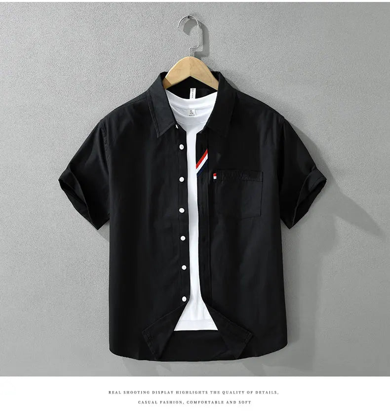 Men's 100% Cotton Short-Sleeve Shirt – Classic Turn-Down Collar, Slim Fit with Chest Pocket & Striped Detail — image 13