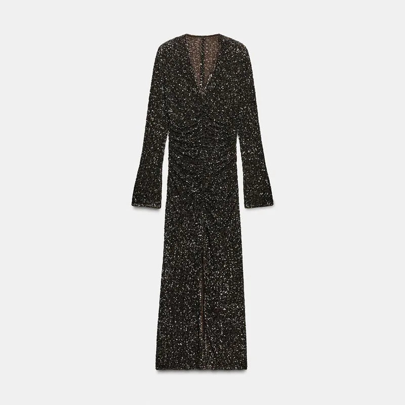 Women's Party Dress Sexy Deep V-neck Sequins Split Full Sleeve Hip Package Dressess Female 2025 Autumn Woman Evening Vestidos — image 7