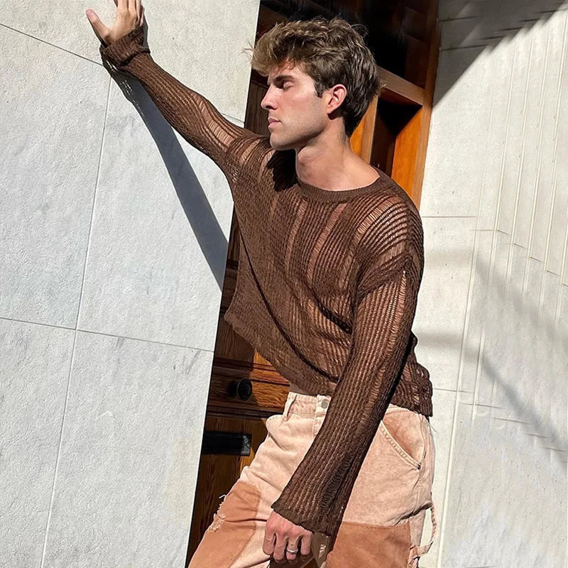 Mens T Shirts New Fashion Woven Solid Color Mesh Top Knit Slim Shirt Long Sleeve Sexy T-shirt Bottoming Streetwera Men — image 15