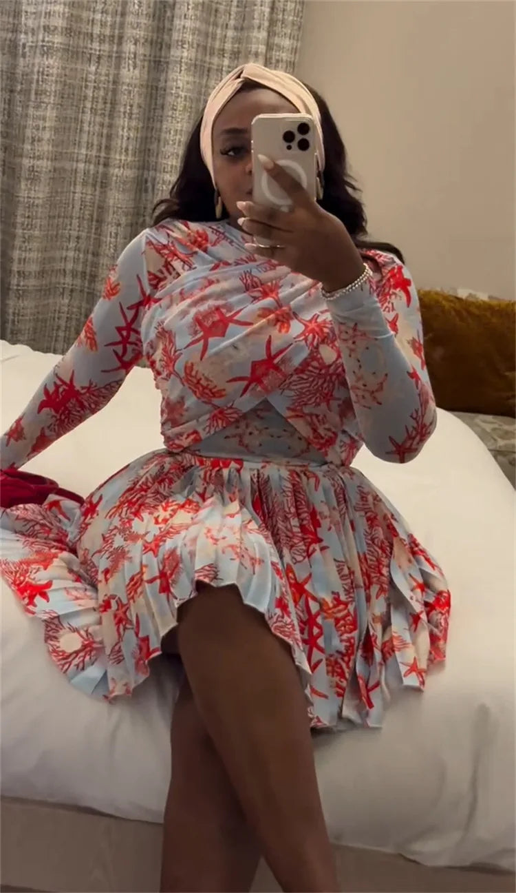 Women Clothing 2 Pieces Print Long Sleeve Shirt Top and Pleated Mini Skirt Luxury Fashion Wear Elegant Party Birthday Dress Set — image 8