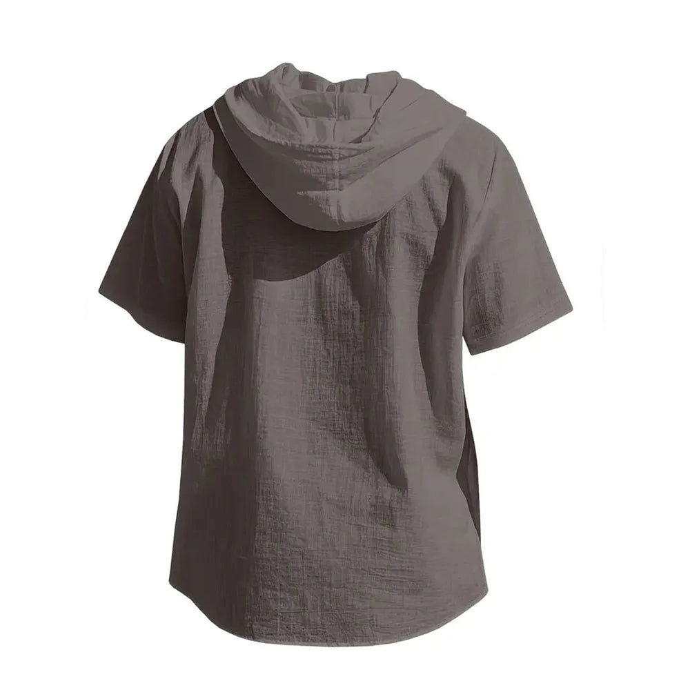 Cotton Linen Shirt for Men Hooded Short Sleeve Solid Color Breathable Lightweight Drawstring Design Shirts Casual Basic Tees — image 9