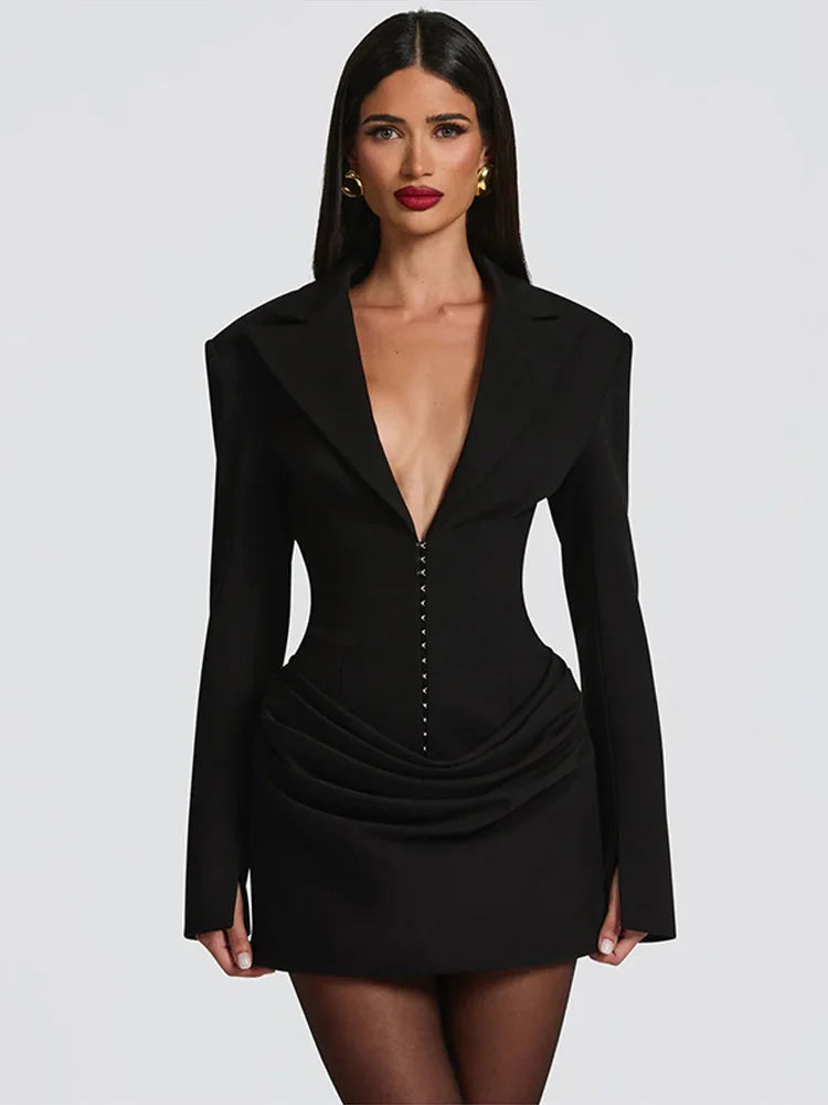 Women's Evening Dresses Deep V-neck Short Pleat Bodycon Dress Autumn 2025 Female Lapel Long Sleeves Waist Cinching New Partywear — image 8