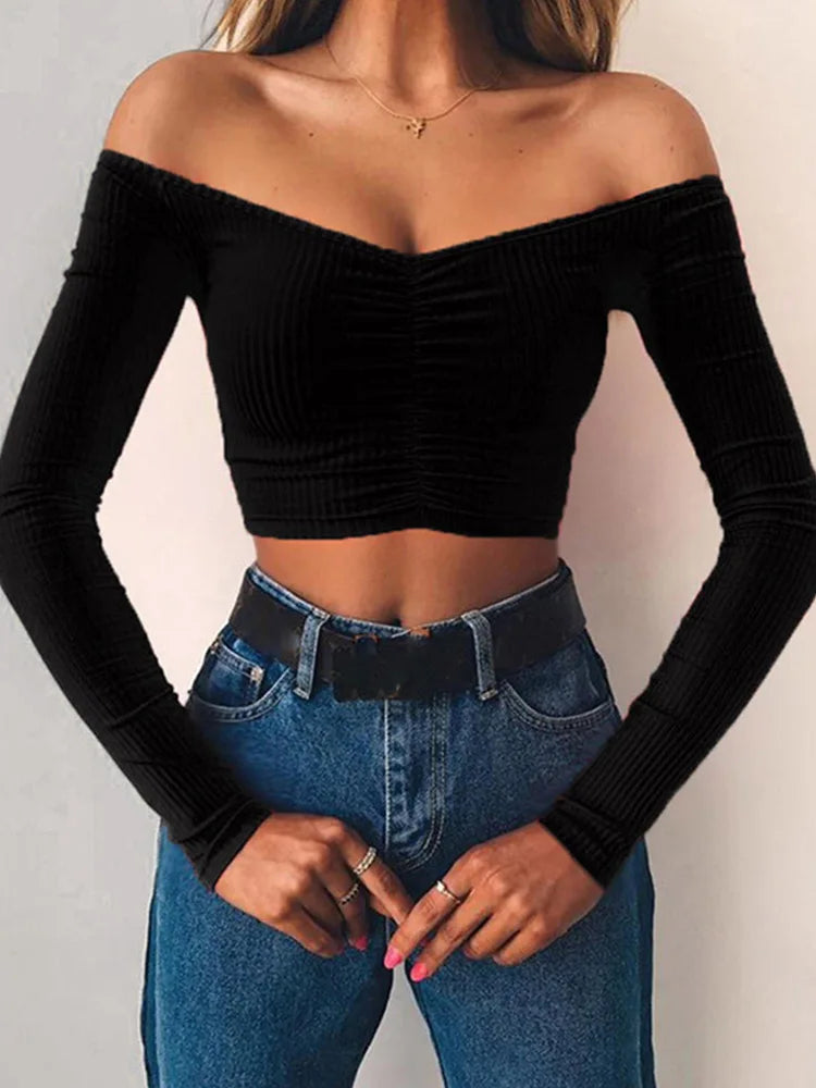 Women T-shirts sexy and club fashion female T-shirt long sleeve off shoulder solid color lady Tshirt autumn basic tees — image 2