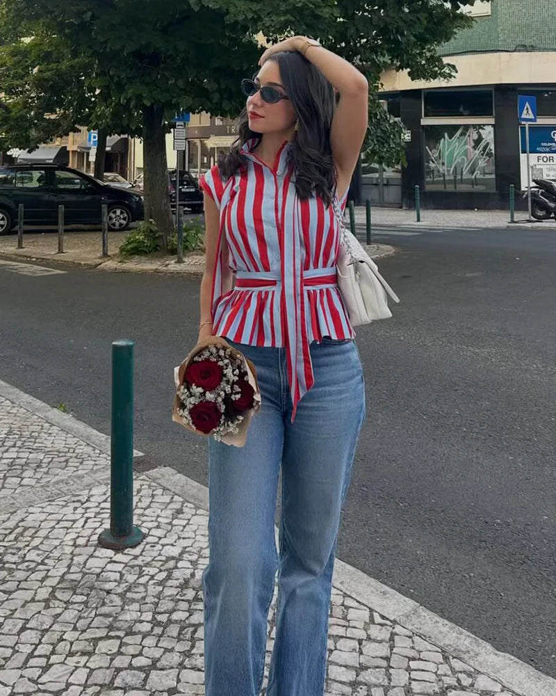 Women's Shirt 2026 New Summer Fitted Waist Bowknot Sleeveless Striped Shirt for Women Elegant Chic Personality Ladies Shirt — image 9