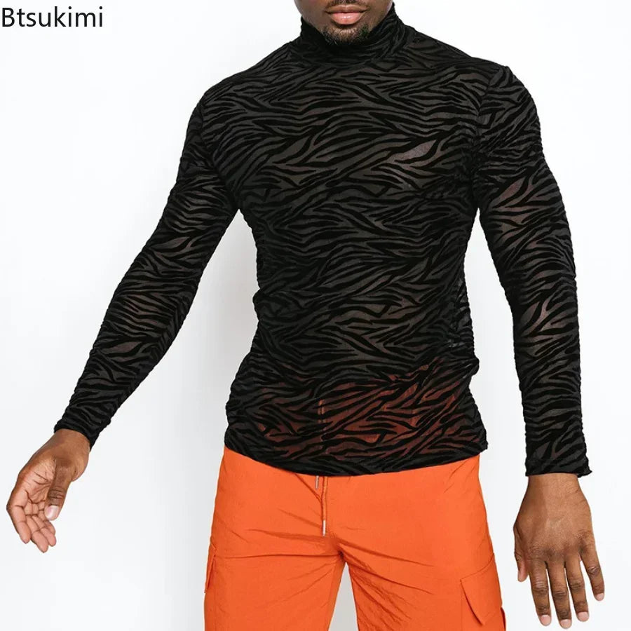 Men's T Shirt Perspective Turtleneck Long-sleeved Lace Tight Fitting T-shirt for Men Streetwear Bottoming Shirt Inside Male Tops — image 2