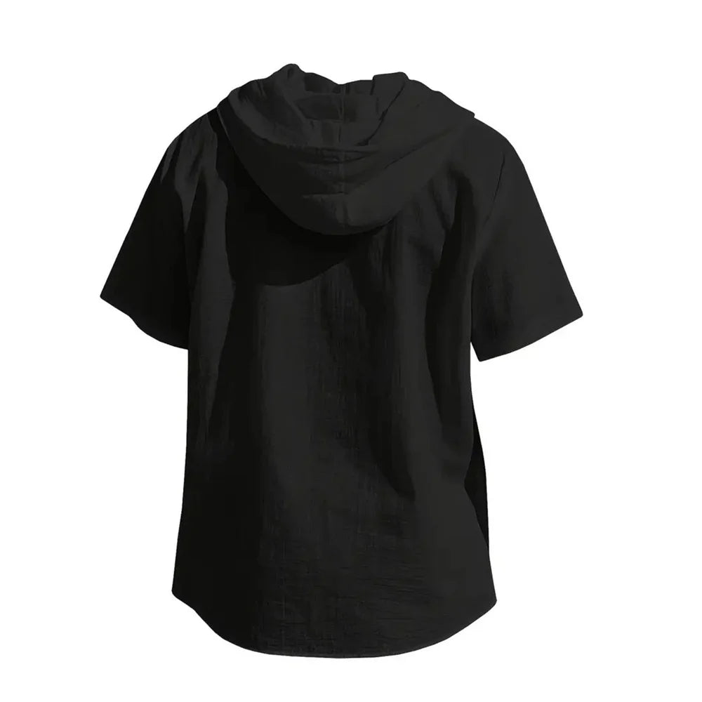 Cotton Linen Shirt for Men Hooded Short Sleeve Solid Color Breathable Lightweight Drawstring Design Shirts Casual Basic Tees — image 10