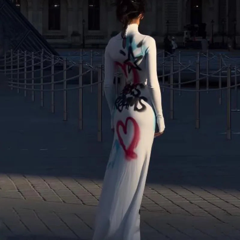Women's Clothing 2025 New Fashion Fashionable High-neck Color-blocked Graffiti Long-sleeved Hip-hugging Close-fitting Long Dress — image 4