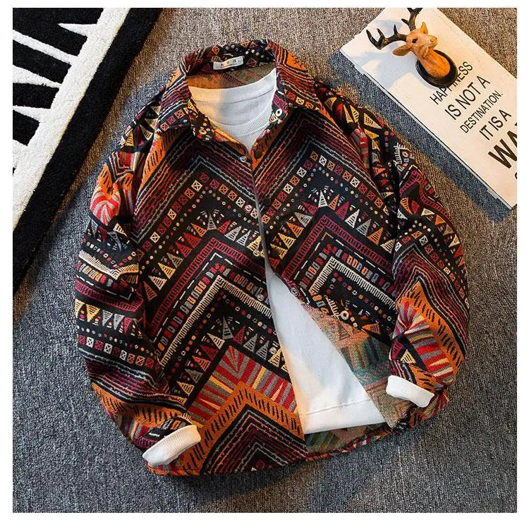 Men's high-density woven shirt men's high-end retro ethnic style long sleeved shirt trendy clothing jacket men clothing shirt — image 14