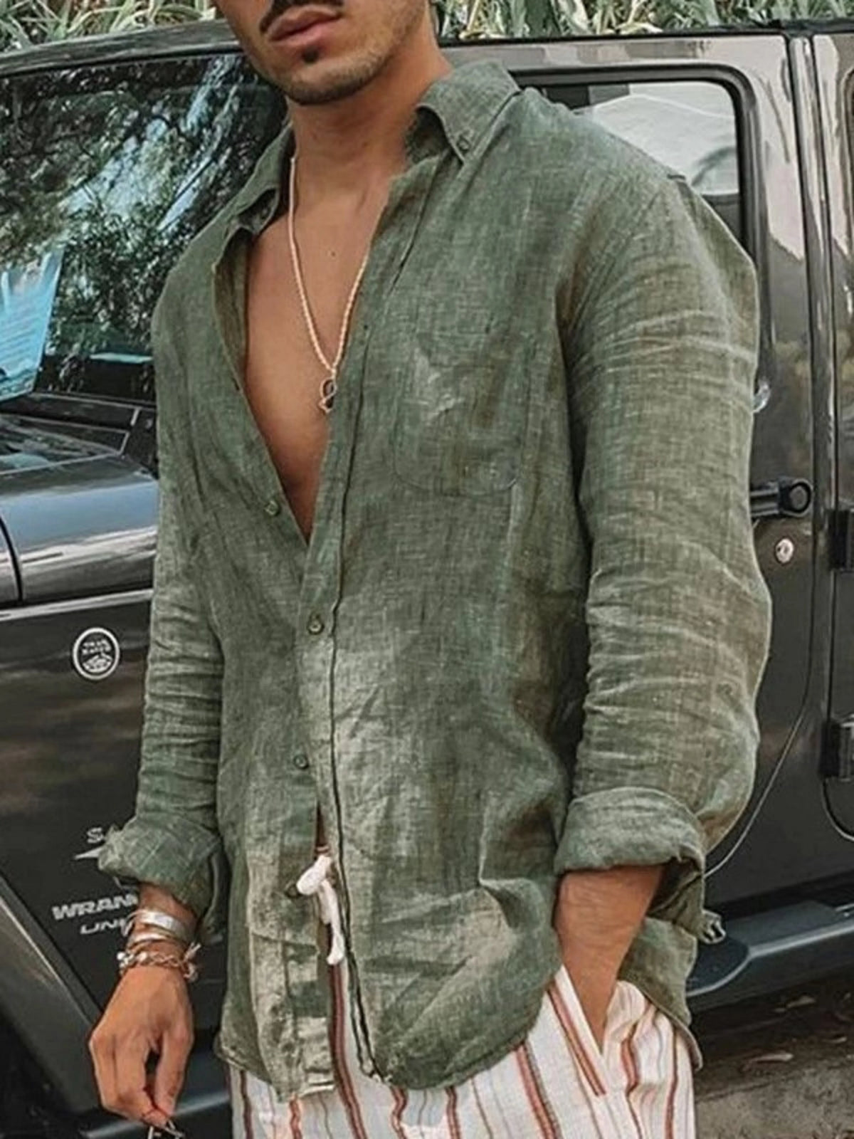 Men's casual fashion solid color thin long-sleeved shirt, lapel cardigan, suitable for outdoor activities — image 1