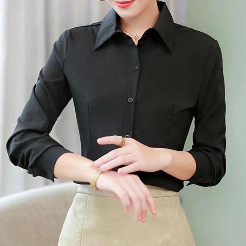 Elegant Women Shirts Woman White Shirt Long Sleeve Blouse Office Lady business Pink Shirts Button Solid Women work Blouses Tops — image 5