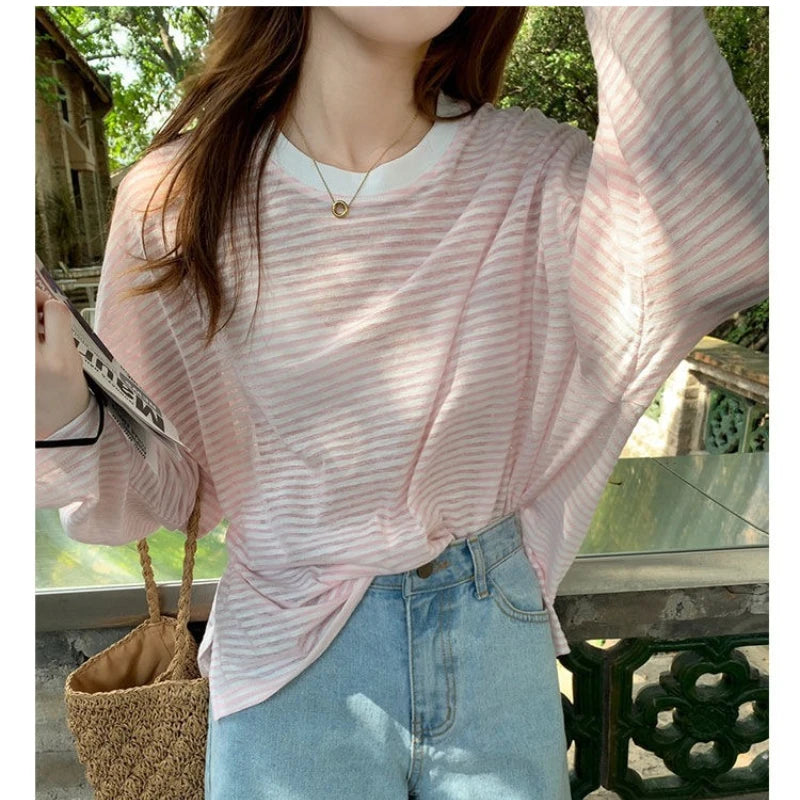 Women's Clothing  Casual T Shirt Summer 2025 Long-sleeved Fashion Korean Style Loose Striped Sunscreen Casual T Shirt — image 4