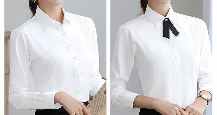 Elegant Women Shirts Woman White Shirt Long Sleeve Blouse Office Lady business Pink Shirts Button Solid Women work Blouses Tops — image 9