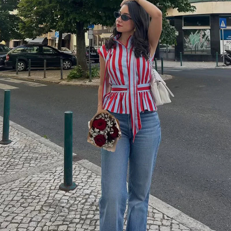 Women's Shirt 2026 New Summer Fitted Waist Bowknot Sleeveless Striped Shirt for Women Elegant Chic Personality Ladies Shirt — image 5