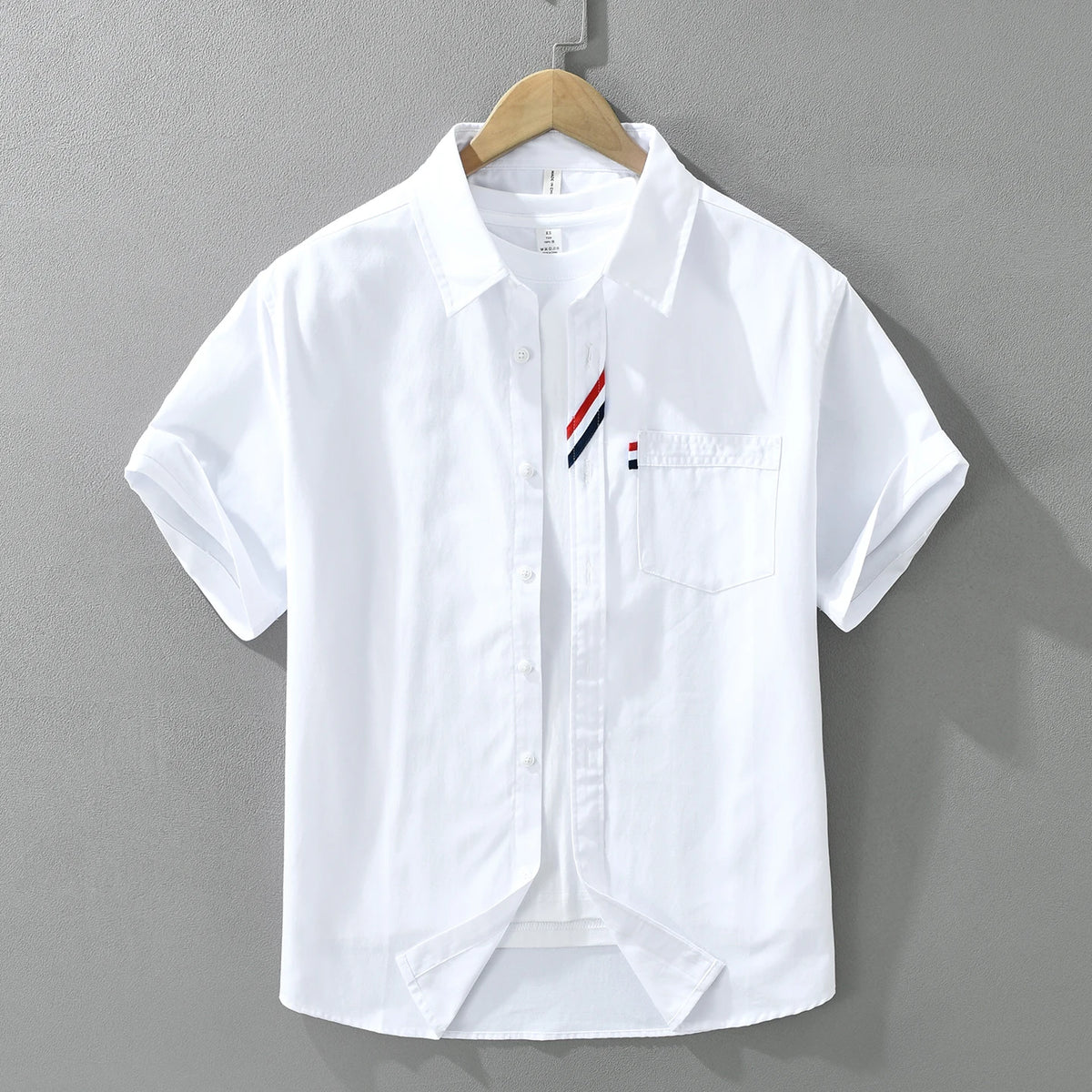 Men's 100% Cotton Short-Sleeve Shirt – Classic Turn-Down Collar, Slim Fit with Chest Pocket & Striped Detail — image 1