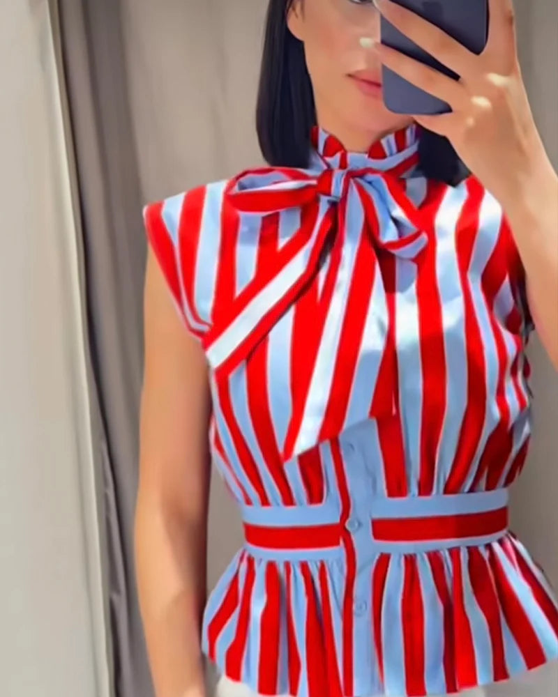 Women's Shirt 2026 New Summer Fitted Waist Bowknot Sleeveless Striped Shirt for Women Elegant Chic Personality Ladies Shirt — image 12