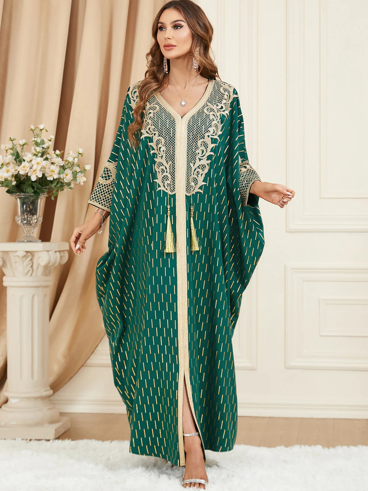Muslim Dresses Women Elegant Long Robe Middle East Dubai Loose Abaya Bat Sleeve V-neck Tassel Evening Dress Femme Party Vestidos — image 14