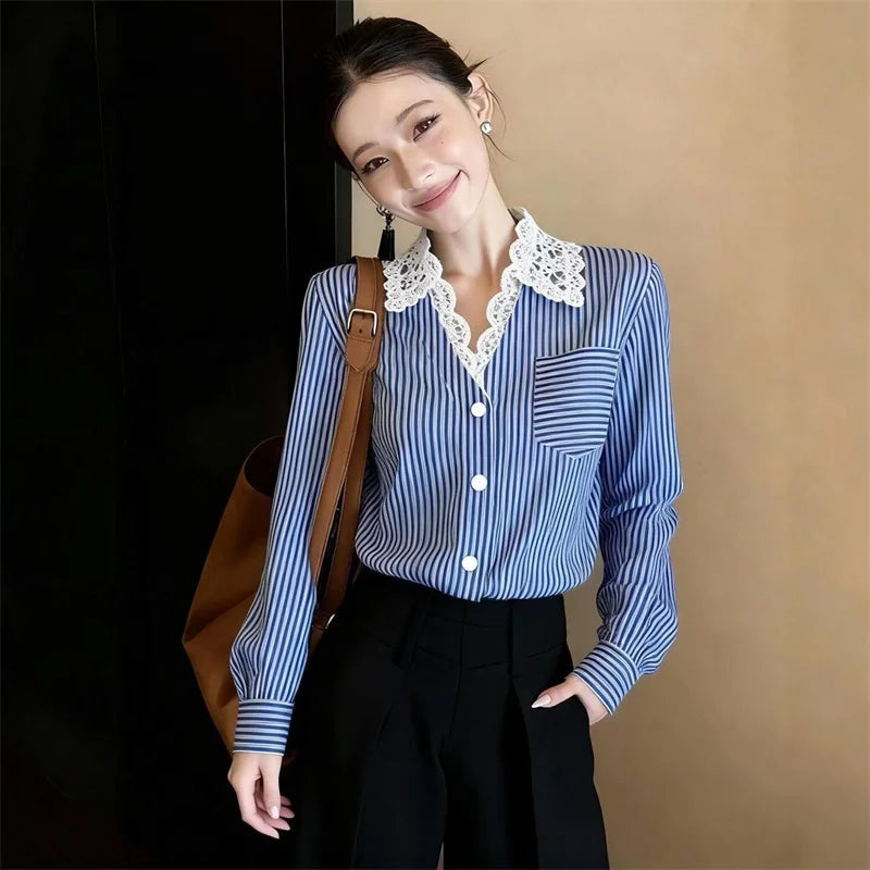 Women's Shirt Fashion Spring and Summer High-grade Lapel Design Striped Shirt Feminine Joker Cardigan Loose top Striped Shirt — image 7