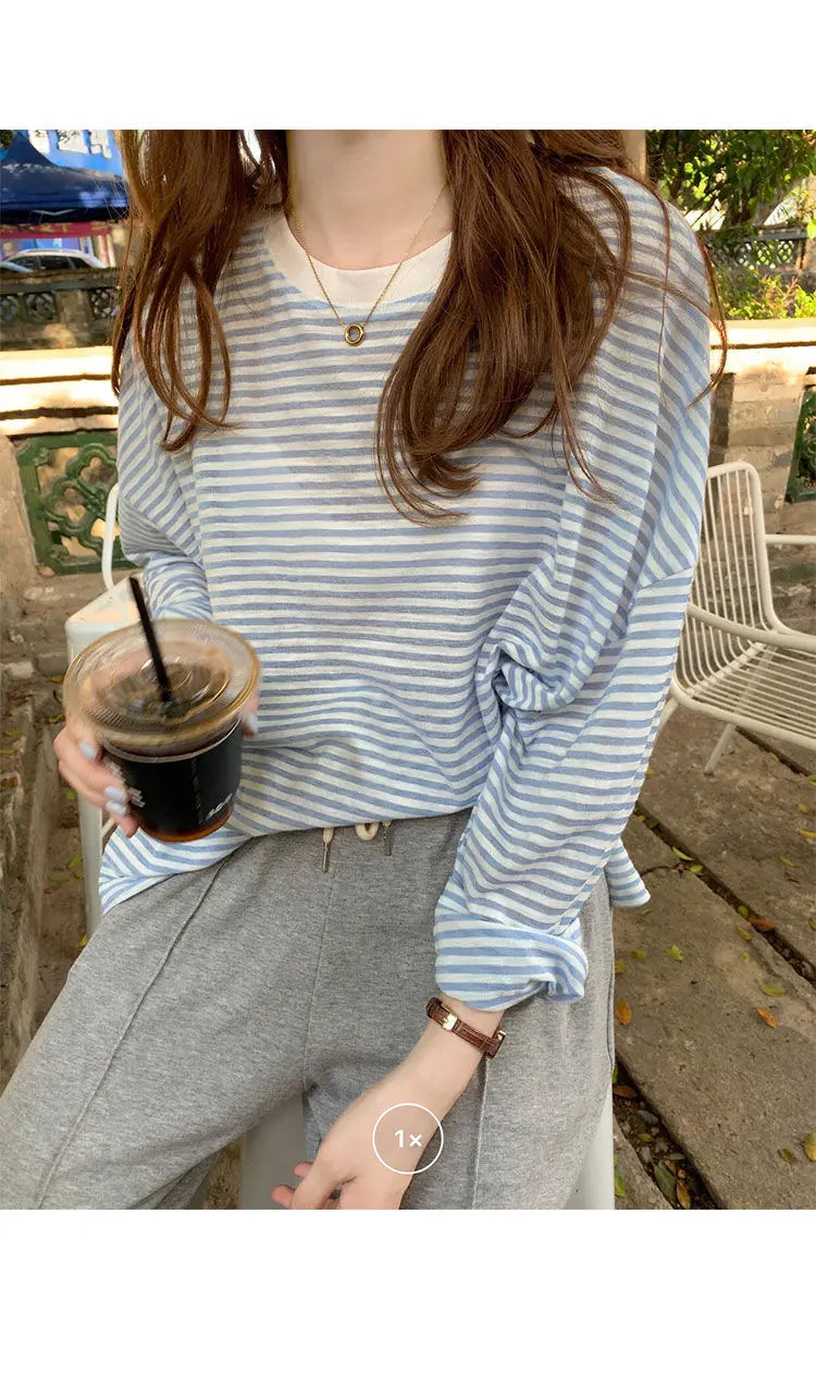 Women's Clothing  Casual T Shirt Summer 2025 Long-sleeved Fashion Korean Style Loose Striped Sunscreen Casual T Shirt — image 10