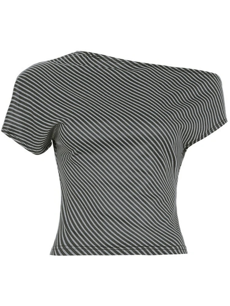 Striped T Shirts For Women Streetwear Inclined Collar Crop Top Y2k Accessories Short Sleeve Grunge Clothes Ropa Mujer Camisetas — image 5