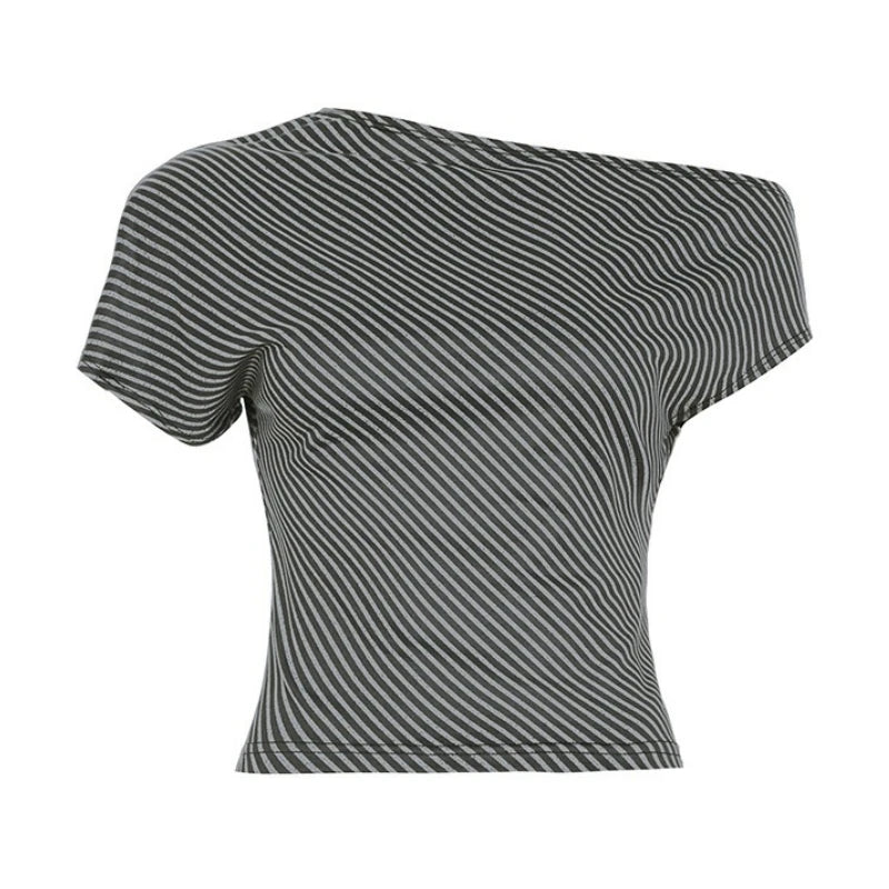 Striped T Shirts For Women Streetwear Inclined Collar Crop Top Y2k Accessories Short Sleeve Grunge Clothes Ropa Mujer Camisetas — image 7