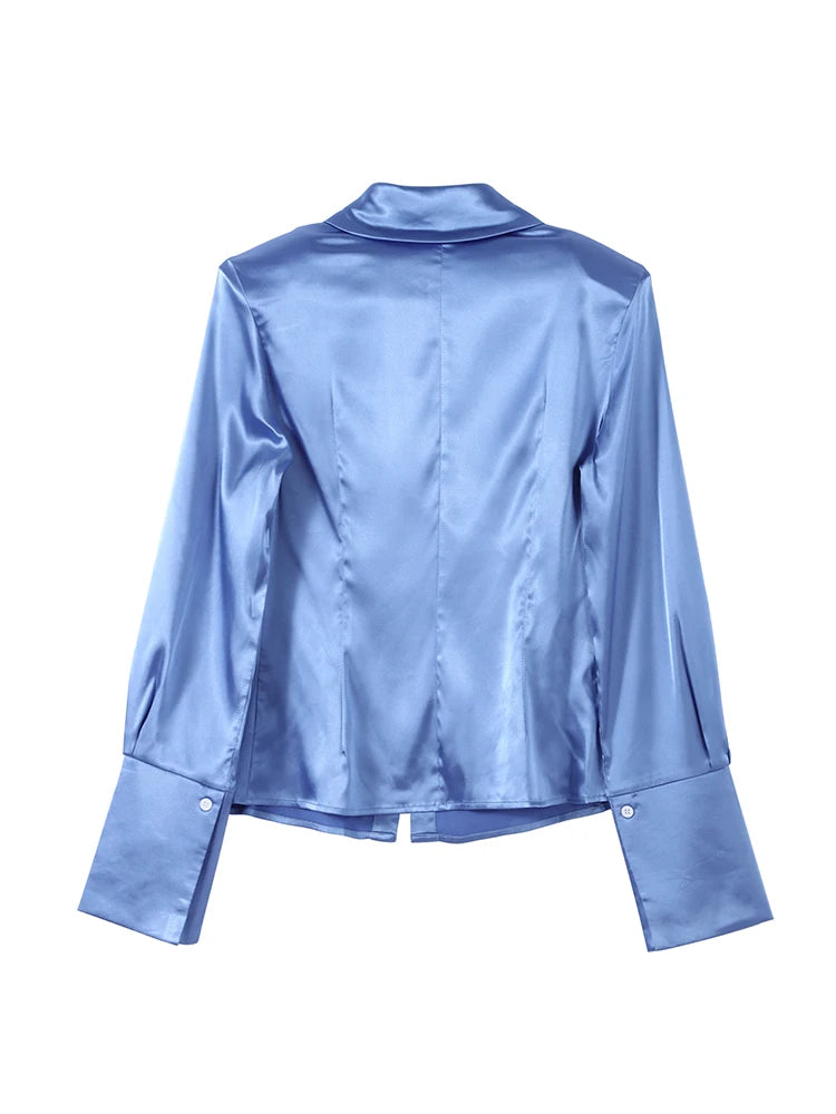 Women's Shirts Lapel Waist Cinching Single Breasted Satin Blouses Spring Female Long Sleeve Slim Tops Chic Ladies Club Partywear — image 1